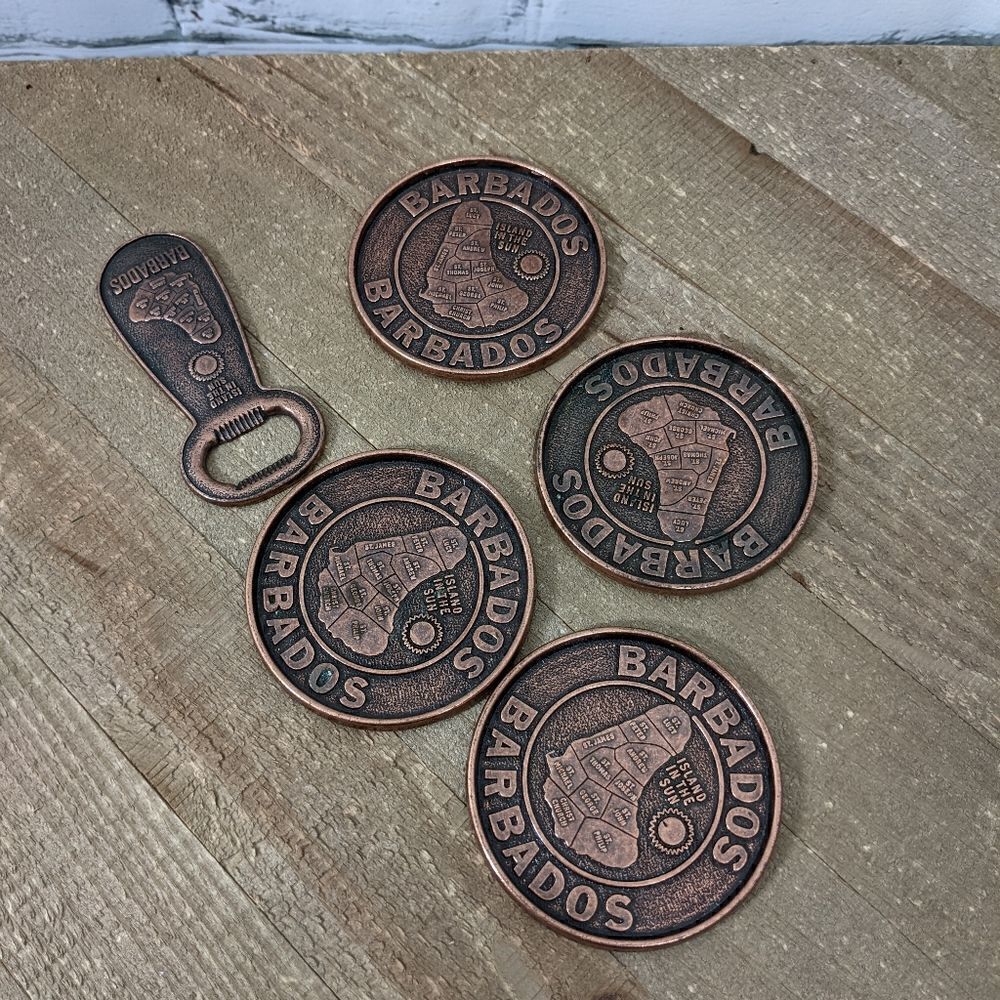 Metal coaster set, copper color vacation souvenir coaster, Barbados coasters